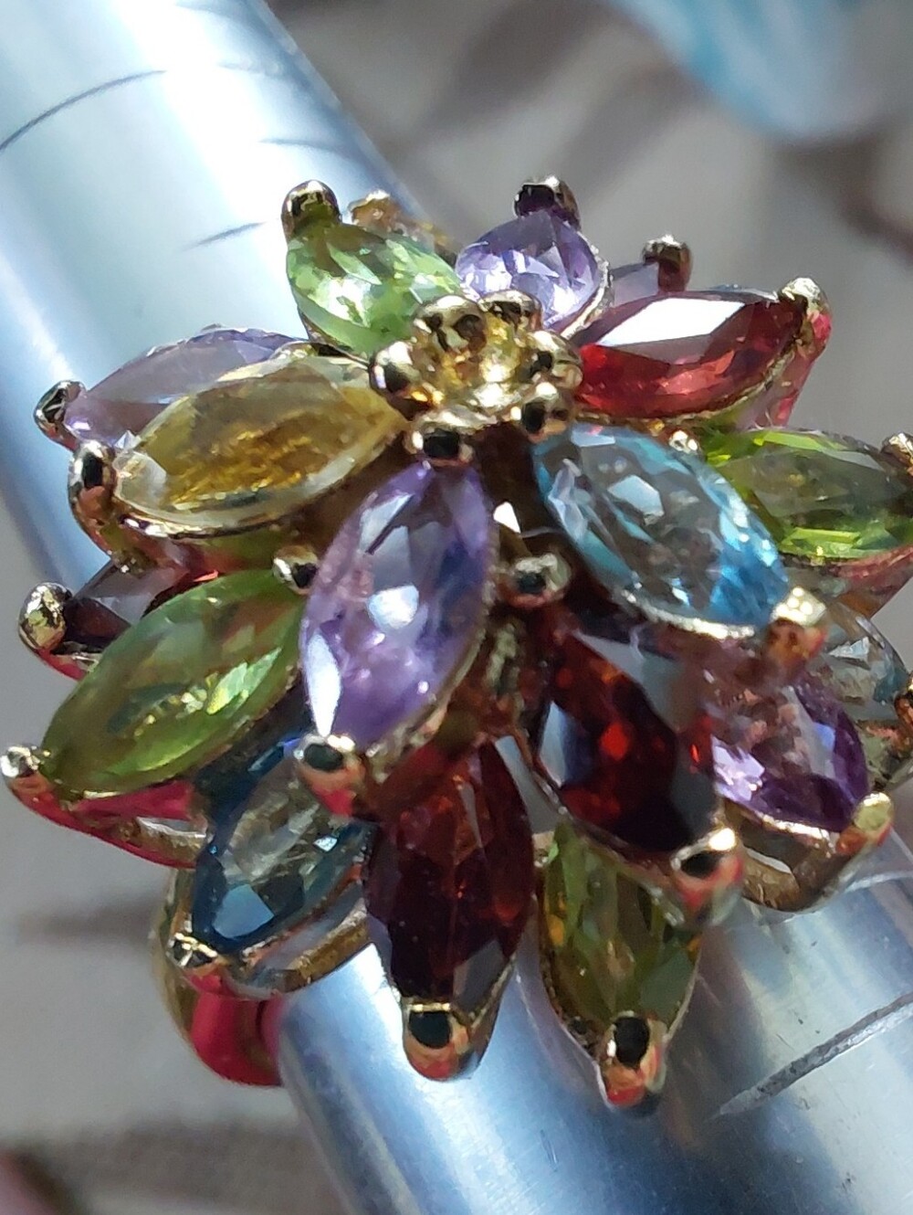 PAJ 925 Sterling gold Vermeil Multi Gemstone Flower Cocktail Ring Size 6.75 - Picture 6 of 7